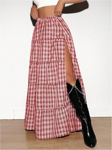 SHENHE Women's Plaid Maxi Skirt High Slit A Line Flowy Tiered Ruffle Y2k Vintage Long Skirt in Saudi Arabia
