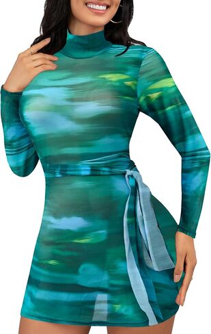 Womens Bodycon Mesh Long Longe Mini Cheer Dress Sexy Dock Dock Neck Princed Club Beach Party See Throug in Saudi Arabia