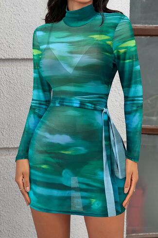 Womens Bodycon Mesh Long Longe Mini Cheer Dress Sexy Dock Dock Neck Princed Club Beach Party See Throug in Saudi Arabia