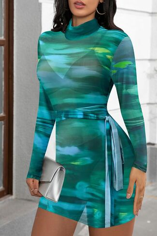 Womens Bodycon Mesh Long Longe Mini Cheer Dress Sexy Dock Dock Neck Princed Club Beach Party See Throug in Saudi Arabia