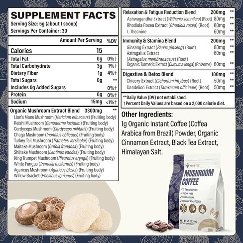 القهوة الفطر ، 11 فطر Superfood تشمل Lion's Mane و Reishi و Chaga & Ashwagandha و Mushroom Coffee Organic من أجل الطاقة والذاكرة والذاكرة ، خالية من السكر ، 5.3 أوقية in Kuwait