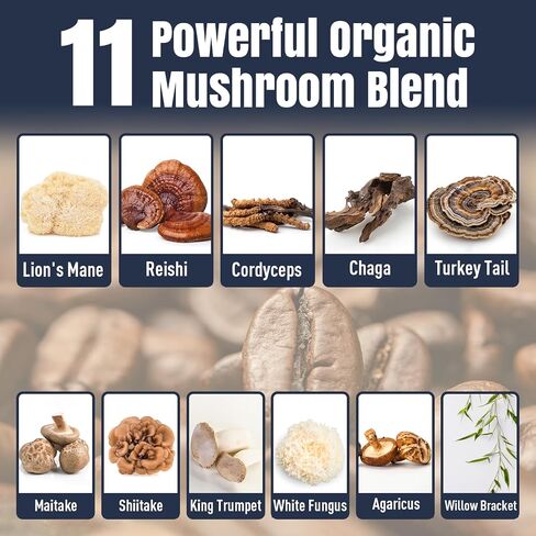 القهوة الفطر ، 11 فطر Superfood تشمل Lion's Mane و Reishi و Chaga & Ashwagandha و Mushroom Coffee Organic من أجل الطاقة والذاكرة والذاكرة ، خالية من السكر ، 5.3 أوقية in Kuwait
