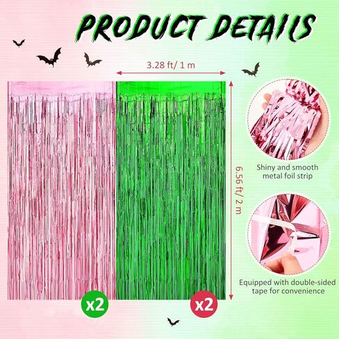 4 Pack 3.28 x 6.56 ft Streamers Party Decoration Witch Party Backdrop Metal Foil Fringe Curtains Backdrop Tinsel Foil Fringe Curtains Streamer Backdrops for Witch Party Decor(Green and Pink) in Kuwait