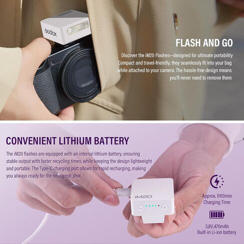 Godox iM20 Mini Flash for Camera with 470mAh Batter 440 Full-Power Flash 5 Levels Mini Flash Speedlite for Sony zve10 Sony zv1 Ricoh gr3 Canon Nikon Fuji Olympus Camera (iM20) in Saudi Arabia