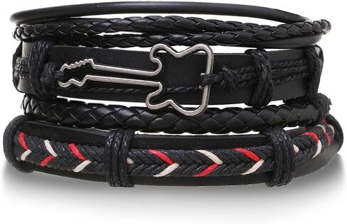 Black Leather Bracelet Vintage Punk Style Bead Leather Bracelet Multilayer Chunky Wrap Bracelet Woven Leather Cross Guitar Flower Cuff Bracelet for Men and Women in Saudi Arabia