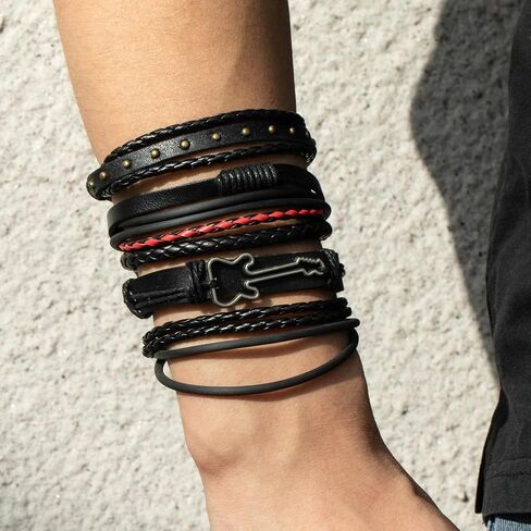 Black Leather Bracelet Vintage Punk Style Bead Leather Bracelet Multilayer Chunky Wrap Bracelet Woven Leather Cross Guitar Flower Cuff Bracelet for Men and Women in Saudi Arabia