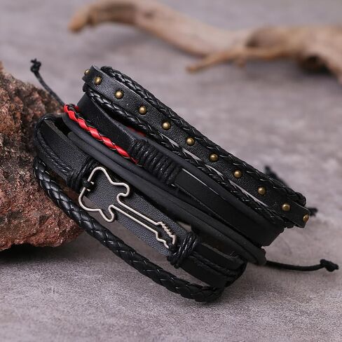 Black Leather Bracelet Vintage Punk Style Bead Leather Bracelet Multilayer Chunky Wrap Bracelet Woven Leather Cross Guitar Flower Cuff Bracelet for Men and Women in Saudi Arabia