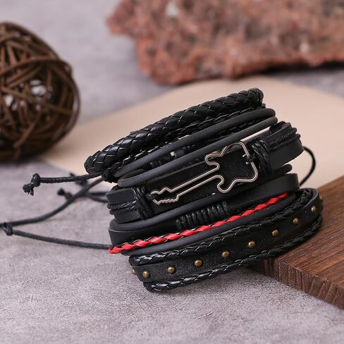 Black Leather Bracelet Vintage Punk Style Bead Leather Bracelet Multilayer Chunky Wrap Bracelet Woven Leather Cross Guitar Flower Cuff Bracelet for Men and Women in Saudi Arabia