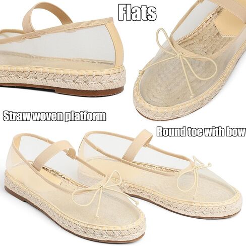 AMINUGAL Raffia Ballet Flats Shoes for Women Dressy Comfortable Woven Straw Women's Flats with Elastic Strap Mesh Flats Bows Raffia Mary Jane Flats Women Ballerina Flats for Women in Kuwait