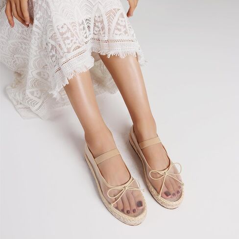 AMINUGAL Raffia Ballet Flats Shoes for Women Dressy Comfortable Woven Straw Women's Flats with Elastic Strap Mesh Flats Bows Raffia Mary Jane Flats Women Ballerina Flats for Women in Kuwait