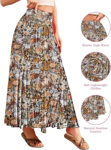 Cyinu Womens Long Maxi Skird chiffon مرنة عالية الخصر متطوس الأزهار المطبوعة الأزهار المطبوعة A-lip Boho الطويل للنساء in Kuwait