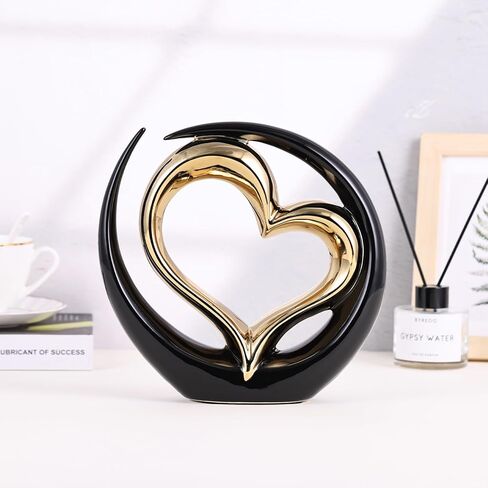 تمثال القلب السيراميك ، النحت الأسود المزدوج القلوب - الزفاف والزواج المركزي أو ديكور للأرفف والجدول (جولة) in Kuwait