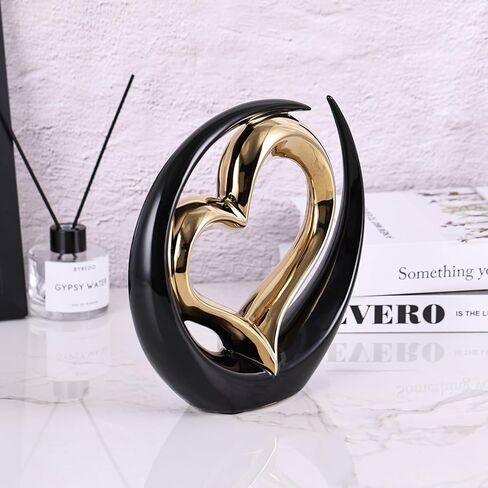 تمثال القلب السيراميك ، النحت الأسود المزدوج القلوب - الزفاف والزواج المركزي أو ديكور للأرفف والجدول (جولة) in Kuwait