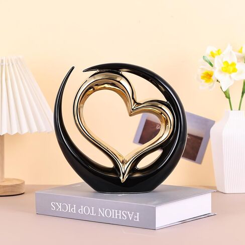تمثال القلب السيراميك ، النحت الأسود المزدوج القلوب - الزفاف والزواج المركزي أو ديكور للأرفف والجدول (جولة) in Kuwait