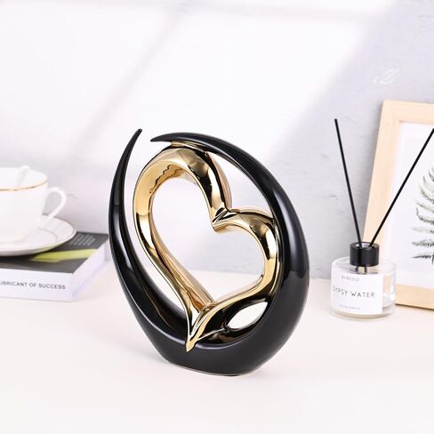 تمثال القلب السيراميك ، النحت الأسود المزدوج القلوب - الزفاف والزواج المركزي أو ديكور للأرفف والجدول (جولة) in Kuwait
