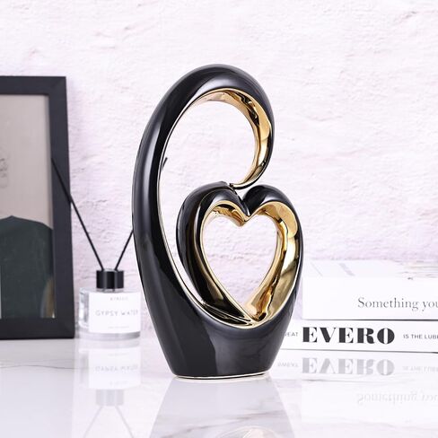 Ceramic Heart Statue, Black Double Hearts Sculpture - Wedding & Valentine's Centerpiece or Decor for Shelves & Table (Round) in Kuwait