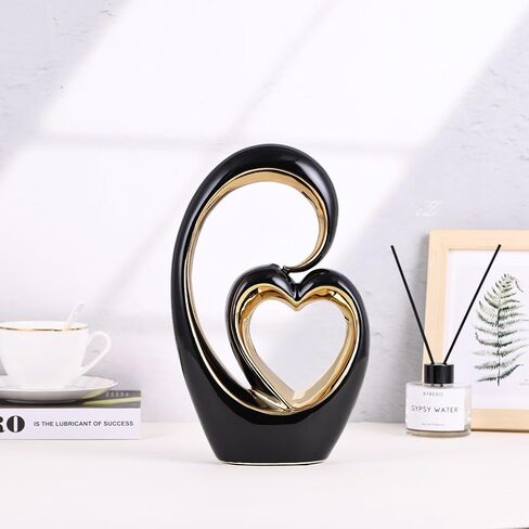 Ceramic Heart Statue, Black Double Hearts Sculpture - Wedding & Valentine's Centerpiece or Decor for Shelves & Table (Round) in Kuwait