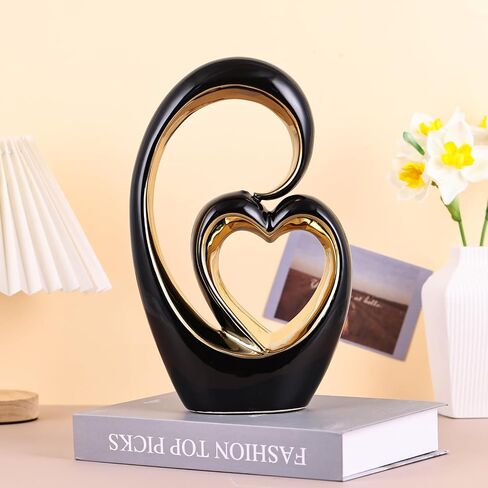 Ceramic Heart Statue, Black Double Hearts Sculpture - Wedding & Valentine's Centerpiece or Decor for Shelves & Table (Round) in Kuwait