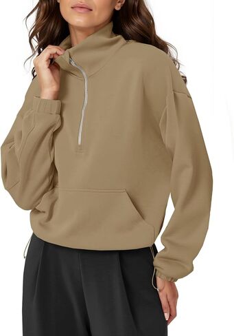 Fisoew Womens Half Zip Sweatshirt Stand Collar Long Sleeve Oversized Fall Pullover Quarter Zipper With Pockets in Saudi Arabia