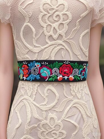 FANFAN Mexican Embroidered Belt for Women Traditional Adjustable Belt Boho Tassel Belt for Wedding Party Dress E4 in Kuwait