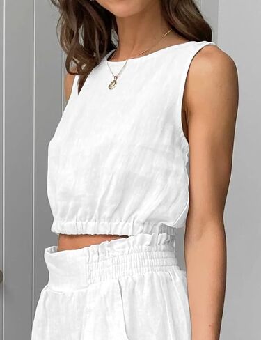 IDEALSANXUN Womens Crop Linen Tank Tops Casual Summer Beach Crewneck Sleeveless Shirts Blouse Vest Top in Saudi Arabia