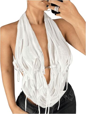 OYOANGLE Women's Halter Neck Front Draped Backless Tank Tops Tie Backless Asymmetrical Hem Y2K Crop Top in Saudi Arabia