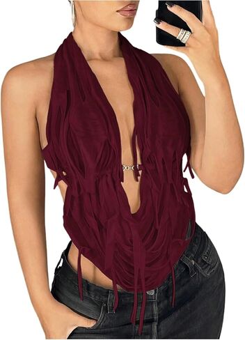 OYOANGLE Women's Halter Neck Front Draped Backless Tank Tops Tie Backless Asymmetrical Hem Y2K Crop Top in Saudi Arabia