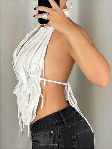 OYOANGLE Women's Halter Neck Front Draped Backless Tank Tops Tie Backless Asymmetrical Hem Y2K Crop Top in Saudi Arabia