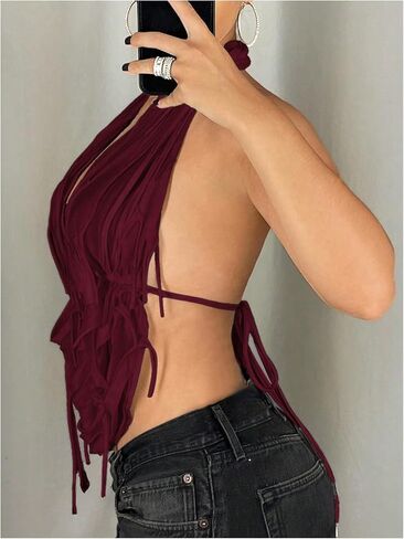 OYOANGLE Women's Halter Neck Front Draped Backless Tank Tops Tie Backless Asymmetrical Hem Y2K Crop Top in Saudi Arabia