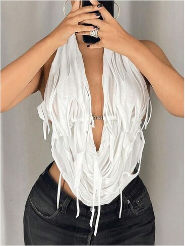 OYOANGLE Women's Halter Neck Front Draped Backless Tank Tops Tie Backless Asymmetrical Hem Y2K Crop Top in Saudi Arabia