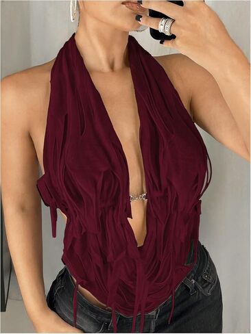 OYOANGLE Women's Halter Neck Front Draped Backless Tank Tops Tie Backless Asymmetrical Hem Y2K Crop Top in Saudi Arabia