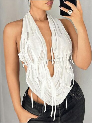 OYOANGLE Women's Halter Neck Front Draped Backless Tank Tops Tie Backless Asymmetrical Hem Y2K Crop Top in Saudi Arabia