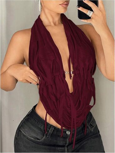 OYOANGLE Women's Halter Neck Front Draped Backless Tank Tops Tie Backless Asymmetrical Hem Y2K Crop Top in Saudi Arabia