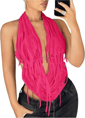 OYOANGLE Women's Halter Neck Front Draped Backless Tank Tops Tie Backless Asymmetrical Hem Y2K Crop Top in Saudi Arabia