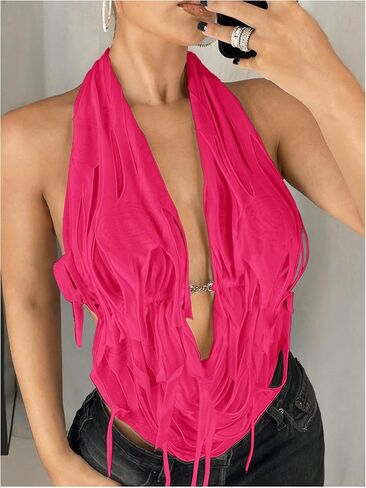 OYOANGLE Women's Halter Neck Front Draped Backless Tank Tops Tie Backless Asymmetrical Hem Y2K Crop Top in Saudi Arabia