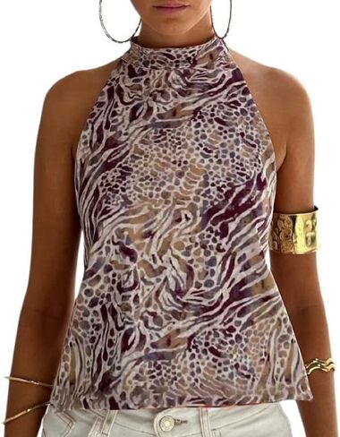 Women Y2k Floral Halter Tank Top Sexy Backless Mock Neck Top Sleeveless Beach Going Out Shirts Aesthetic Vacation Clothes in Saudi Arabia