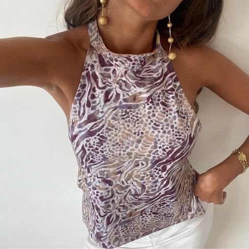 Women Y2k Floral Halter Tank Top Sexy Backless Mock Neck Top Sleeveless Beach Going Out Shirts Aesthetic Vacation Clothes in Saudi Arabia