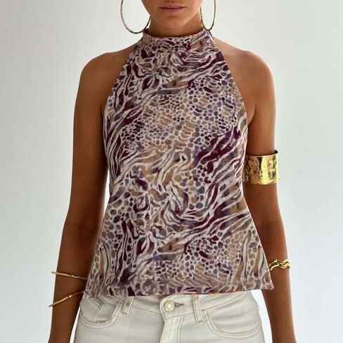 Women Y2k Floral Halter Tank Top Sexy Backless Mock Neck Top Sleeveless Beach Going Out Shirts Aesthetic Vacation Clothes in Saudi Arabia
