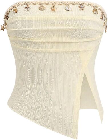MakeMeChic Women's Boho Strapless Tube Crop Tops Shell Backless Ruched Split Hem Sleeveless Bandeau in Saudi Arabia