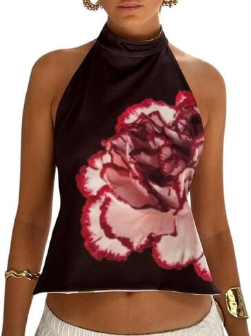 Women Y2k Floral Halter Tank Top Sexy Backless Mock Neck Top Sleeveless Beach Going Out Shirts Aesthetic Vacation Clothes in Saudi Arabia