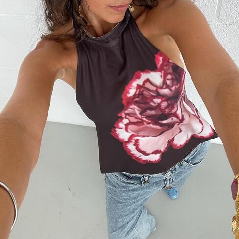Women Y2k Floral Halter Tank Top Sexy Backless Mock Neck Top Sleeveless Beach Going Out Shirts Aesthetic Vacation Clothes in Saudi Arabia