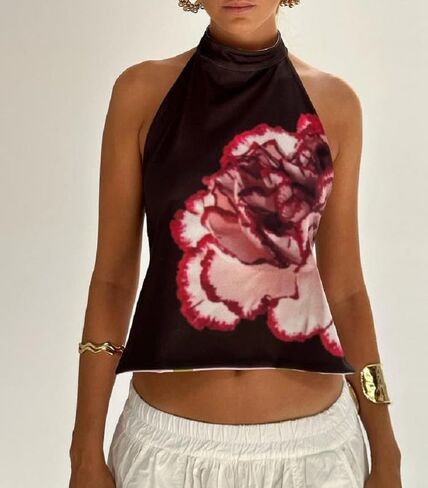 Women Y2k Floral Halter Tank Top Sexy Backless Mock Neck Top Sleeveless Beach Going Out Shirts Aesthetic Vacation Clothes in Saudi Arabia