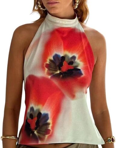 Women Y2k Floral Halter Tank Top Sexy Backless Mock Neck Top Sleeveless Beach Going Out Shirts Aesthetic Vacation Clothes in Saudi Arabia