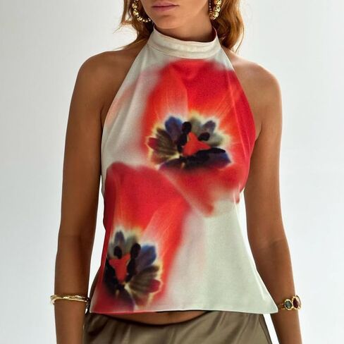 Women Y2k Floral Halter Tank Top Sexy Backless Mock Neck Top Sleeveless Beach Going Out Shirts Aesthetic Vacation Clothes in Saudi Arabia