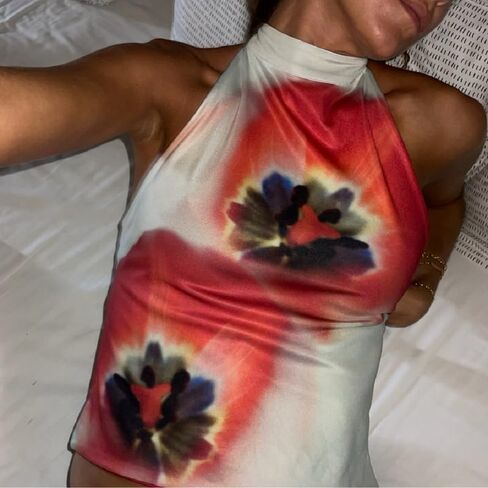 Women Y2k Floral Halter Tank Top Sexy Backless Mock Neck Top Sleeveless Beach Going Out Shirts Aesthetic Vacation Clothes in Saudi Arabia