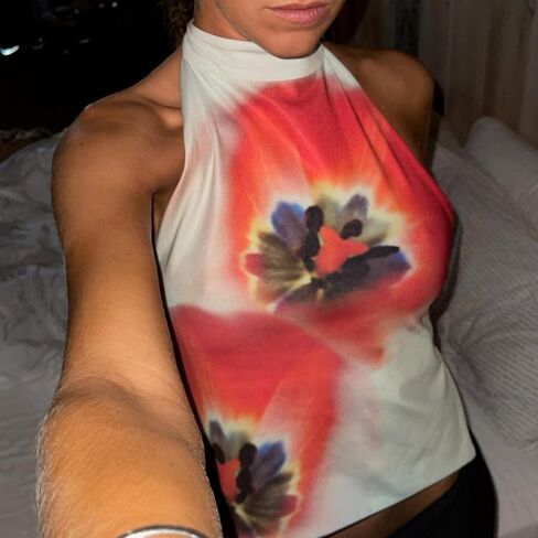 Women Y2k Floral Halter Tank Top Sexy Backless Mock Neck Top Sleeveless Beach Going Out Shirts Aesthetic Vacation Clothes in Saudi Arabia