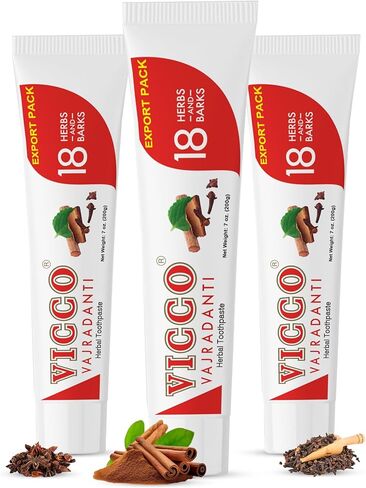 Vicco Vajradanti Herbal Toothpaste, Sugar-Free, Contains 20 Ayurvedic Herbs and Barks, 100% Natural, Vegan & Cruelty-Free - 7 oz (Pack of 3) in Kuwait
