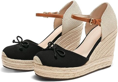 Coutgo Womens منصة Espadrilles سفينغ صندل مغلق قبعة إصبع القدم ربطة عنق الكاحل حزام حزام الصيف in Kuwait