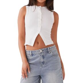 نساء مضلع زر متماسكة أسفل قمم الخزان y2k بلا أكمام مفتوحة المحصول الأمامي سترة نحيفة تناسب الخروج من أغطية الشارع in Kuwait