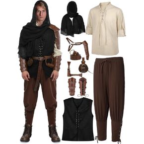 SOMSOC 9 Piece Halloween Men's Renaissance Viking Costume Set Medieval Shirt Pants Vest Scarf Bracer Belt Pouch Shoulder Cape in Kuwait